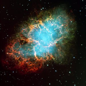 This photo shows a three colour composite of the well-known Crab Nebula (also known as Messier 1), as observed with the FORS2 instrument in imaging mode in the morning of November 10, 1999. It is the remnant of a supernova explosion at a distance of about 6,000 light-years, observed almost 1,000 years ago, in the year 1054. It contains a neutron star near its center that spins 30 times per second around its axis (see below). In this picture, the green light is predominantly produced by hydrogen emission from material ejected by the star that exploded. The blue light is predominantly emitted by very high-energy ("relativistic") electrons that spiral in a large-scale magnetic field (so-called synchrotron emission). It is believed that these electrons are continuously accelerated and ejected by the rapidly spinning neutron star at the centre of the nebula and which is the remnant core of the exploded star. This pulsar has been identified with the lower/right of the two close stars near the geometric center of the nebula, immediately left of the small arc-like feature, best seen in ESO Press Photo eso9948. Technical information: ESO Press Photo eso9948 is based on a composite of three images taken through three different optical filters: B (429 nm; FWHM 88 nm; 5 min; here rendered as blue), R (657 nm; FWHM 150 nm; 1 min; green) and S II (673 nm; FWHM 6 nm; 5 min; red) during periods of 0.65 arcsec (R, S II) and 0.80 (B) seeing, respectively. The field shown measures 6.8 x 6.8 arcminutes and the images were recorded in frames of 2048 x 2048 pixels, each measuring 0.2 arcseconds. North is up; East is left.   #L